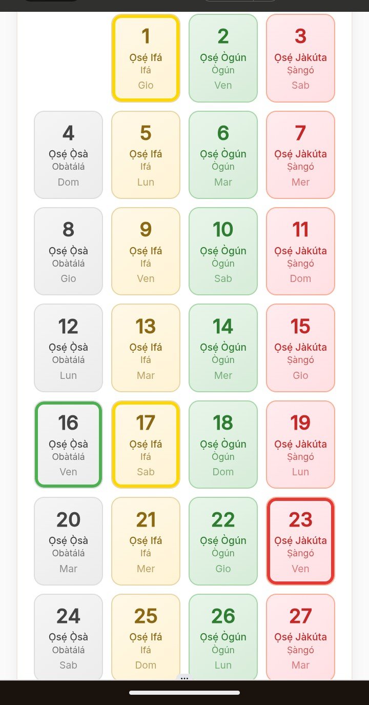 Griglia mensile del calendario Yorùbá con i 4 colori dei giorni