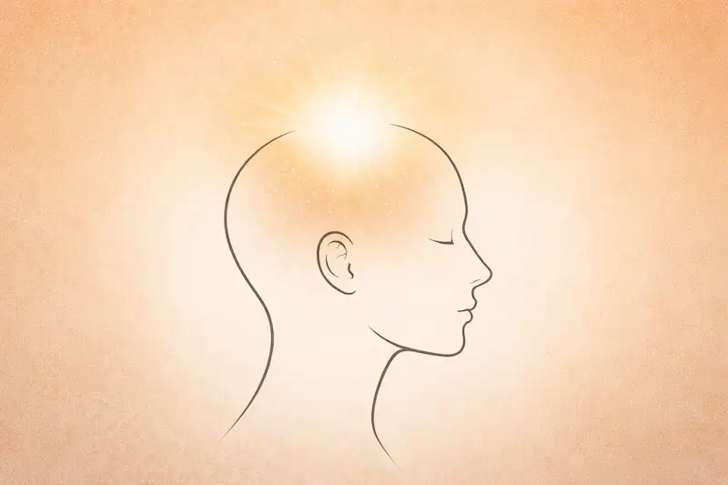 Illustrazione di un volto di profilo con gli occhi chiusi e un punto luminoso sulla sommità del capo, su sfondo caldo color pescae